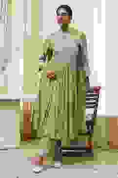 Olive Green Embroidered Gathered Suit Set image number 0