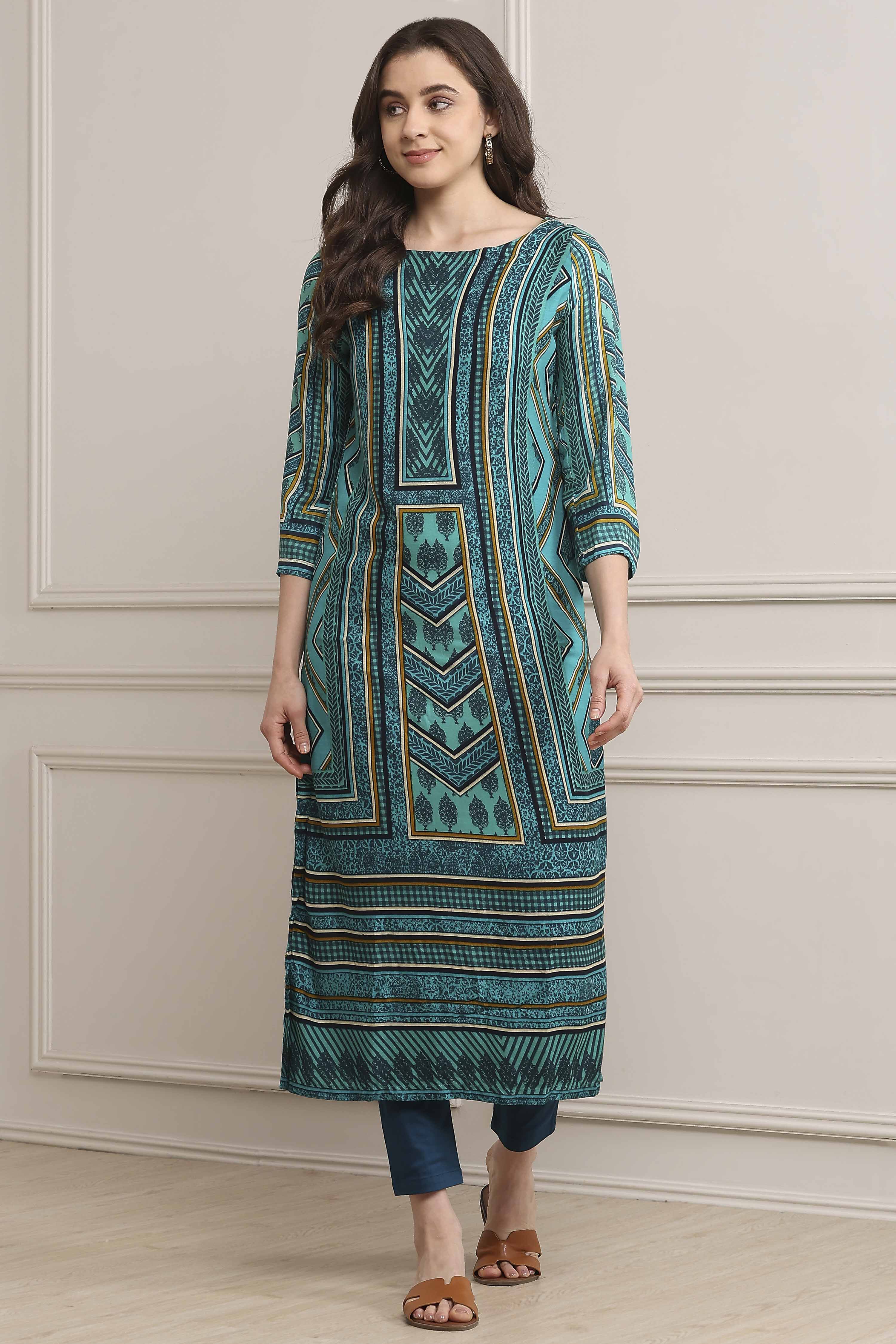 Turquoise LIVA Straight Printed Kurta image number 5
