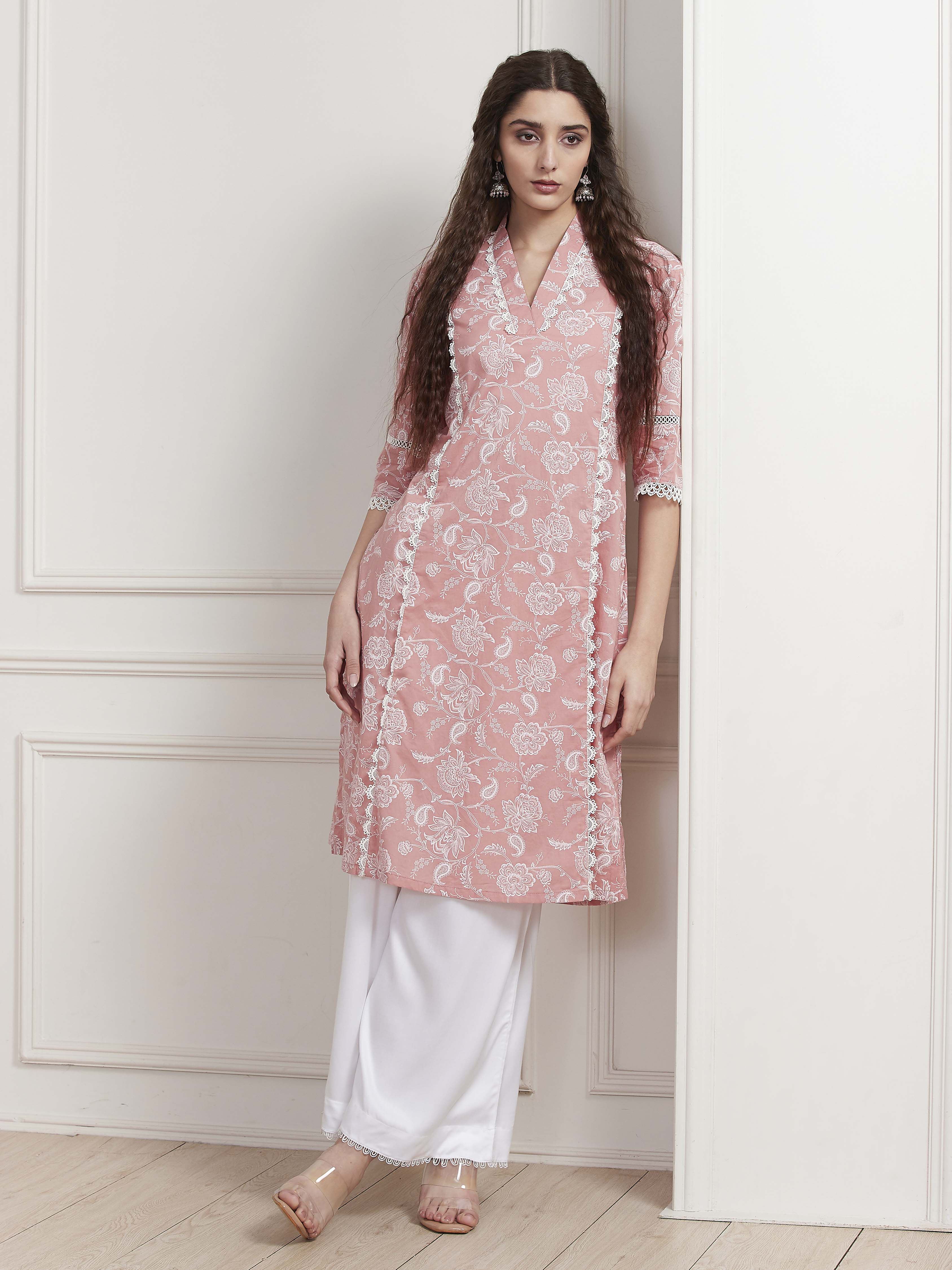 Pink Cotton Printed Straight Kurta image number 0