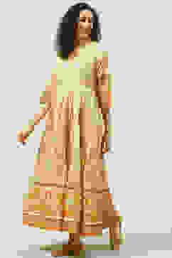Beige Flared Fusion Printed Dress image number 3