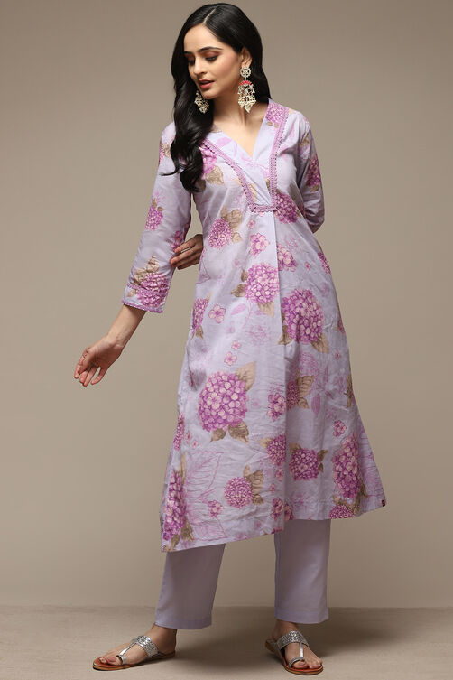 White & Pink Cotton Gathered Kurta Pants Suit Set image number 0