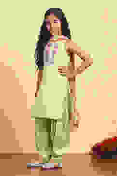 Sea Green Polyester Straight Solid Suit Set image number 3