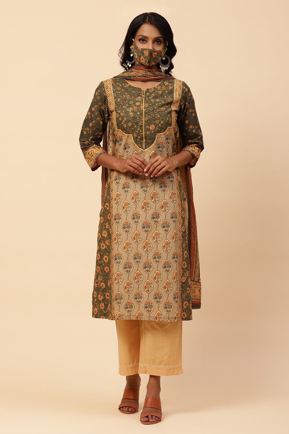 Khaki Cotton Straight Kurta Narrow Palazzo Suit Set image number 4