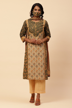 Khaki Cotton Straight Kurta Narrow Palazzo Suit Set image number 4