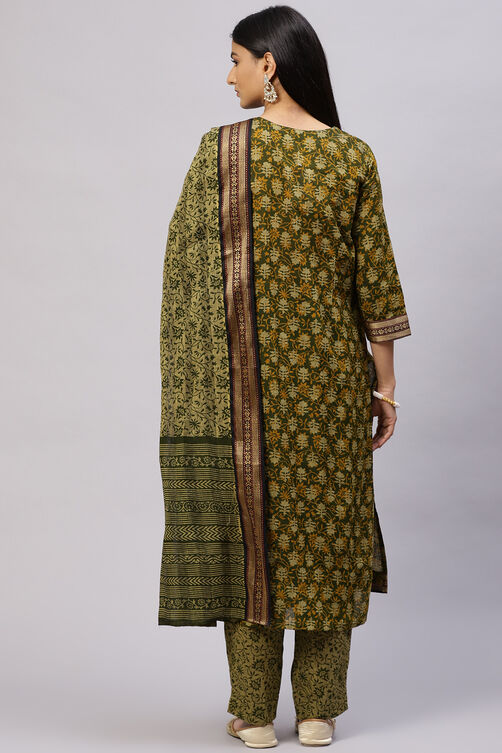 Olive Cotton Woven Unstitched Suit Set image number 4