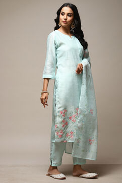 Turquoise Linen Digital Print Unstitched Suit Set image number 12