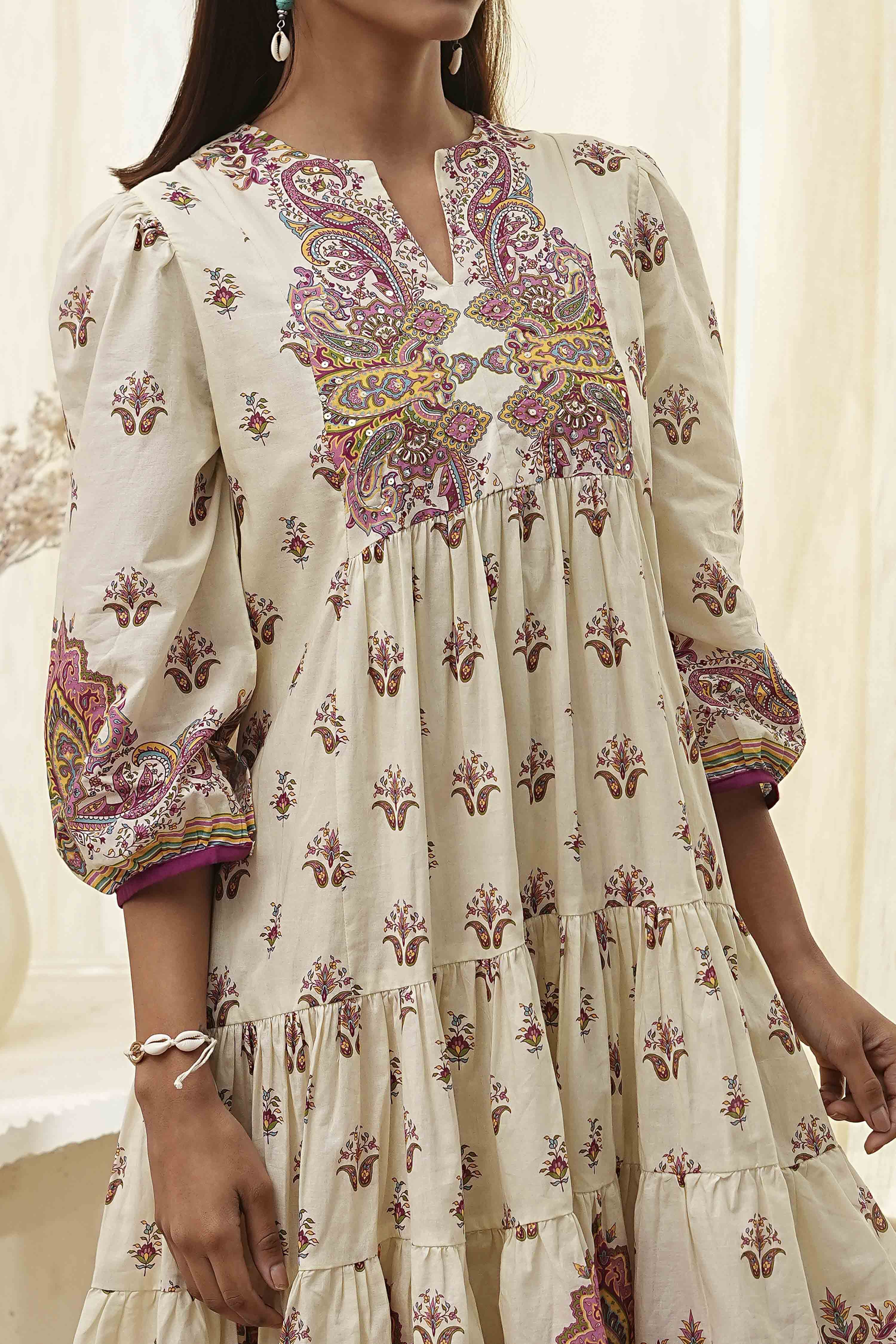 Beige Cotton Printed Tiered Dress image number 1