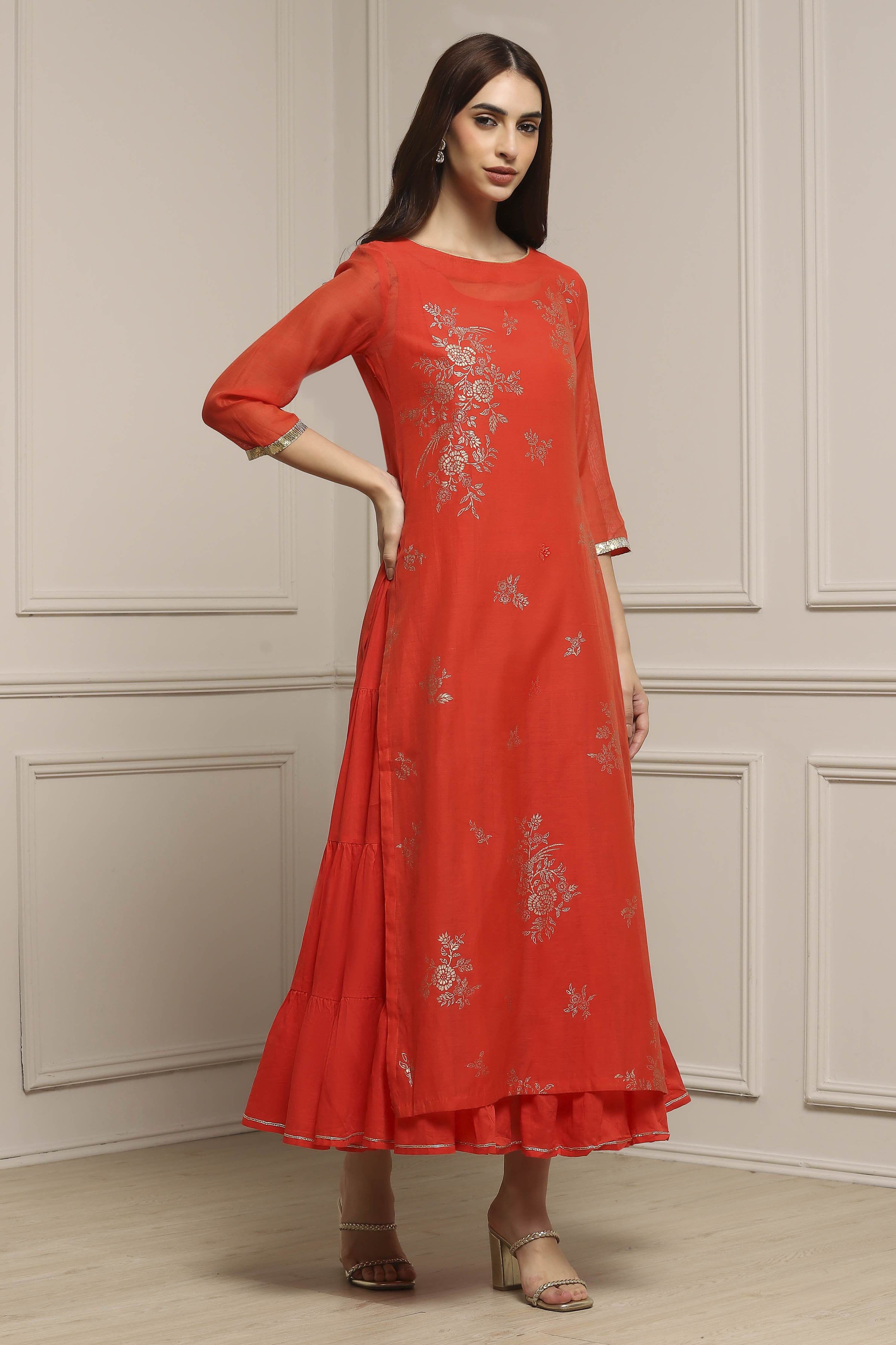 Tomato Red Poly Cotton Printed Kurta Dress image number 4