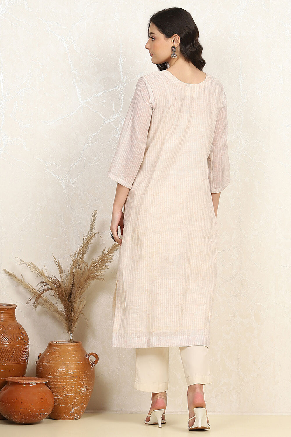 Cream Linen Blend Unstitched Suit Set image number 5