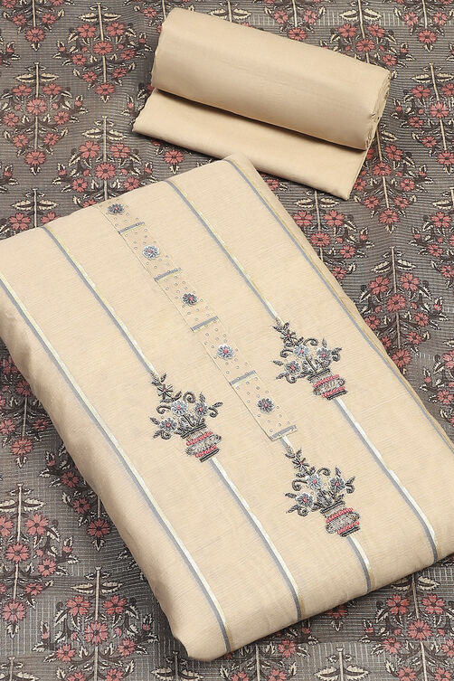 Beige Chanderi Unstitched Suit Set image number 3