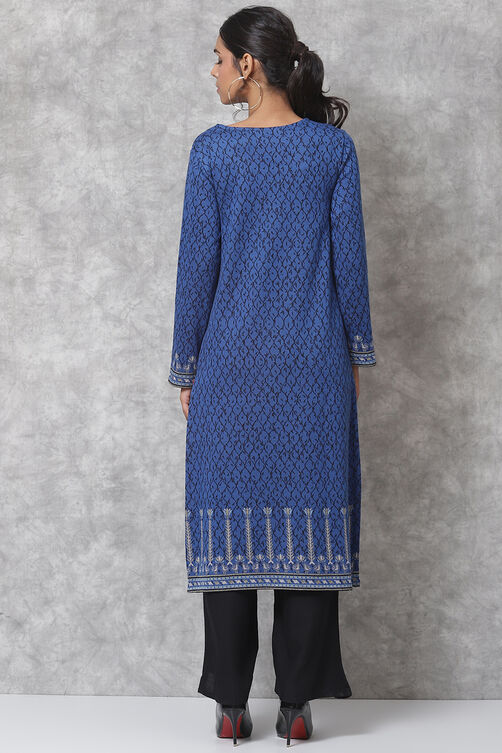 Blue Straight Poly Metallic Kurta image number 4