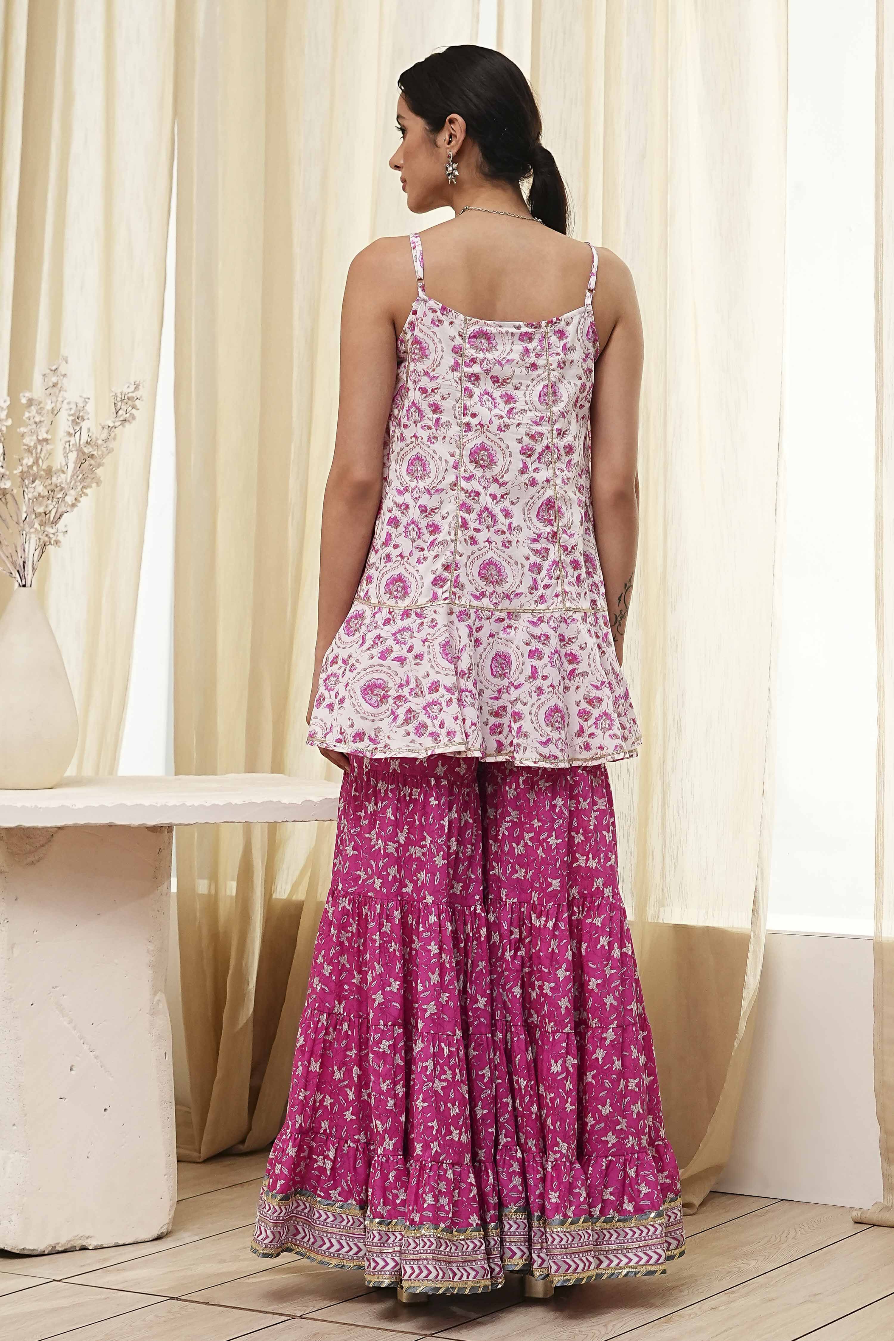 White and Pink Cotton Floral Flared Suit Set image number 4