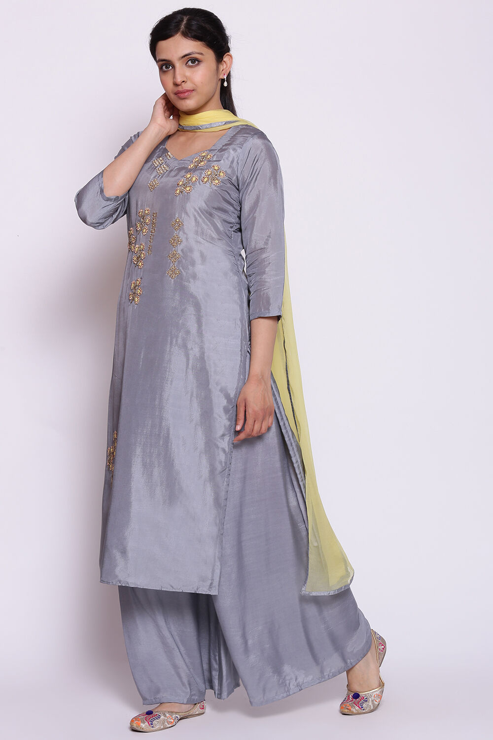 Blue Chanderi Unstitched Suit Set image number 5