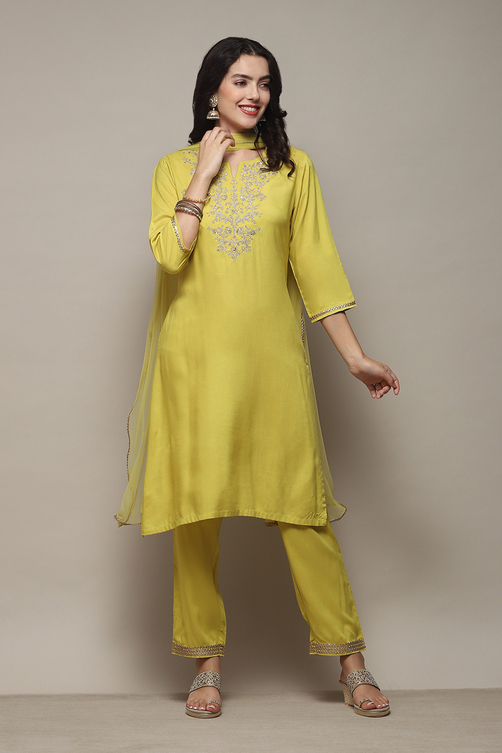 Lime Green Rayon flax Narrow Kurta Pant Suit Set image number 0