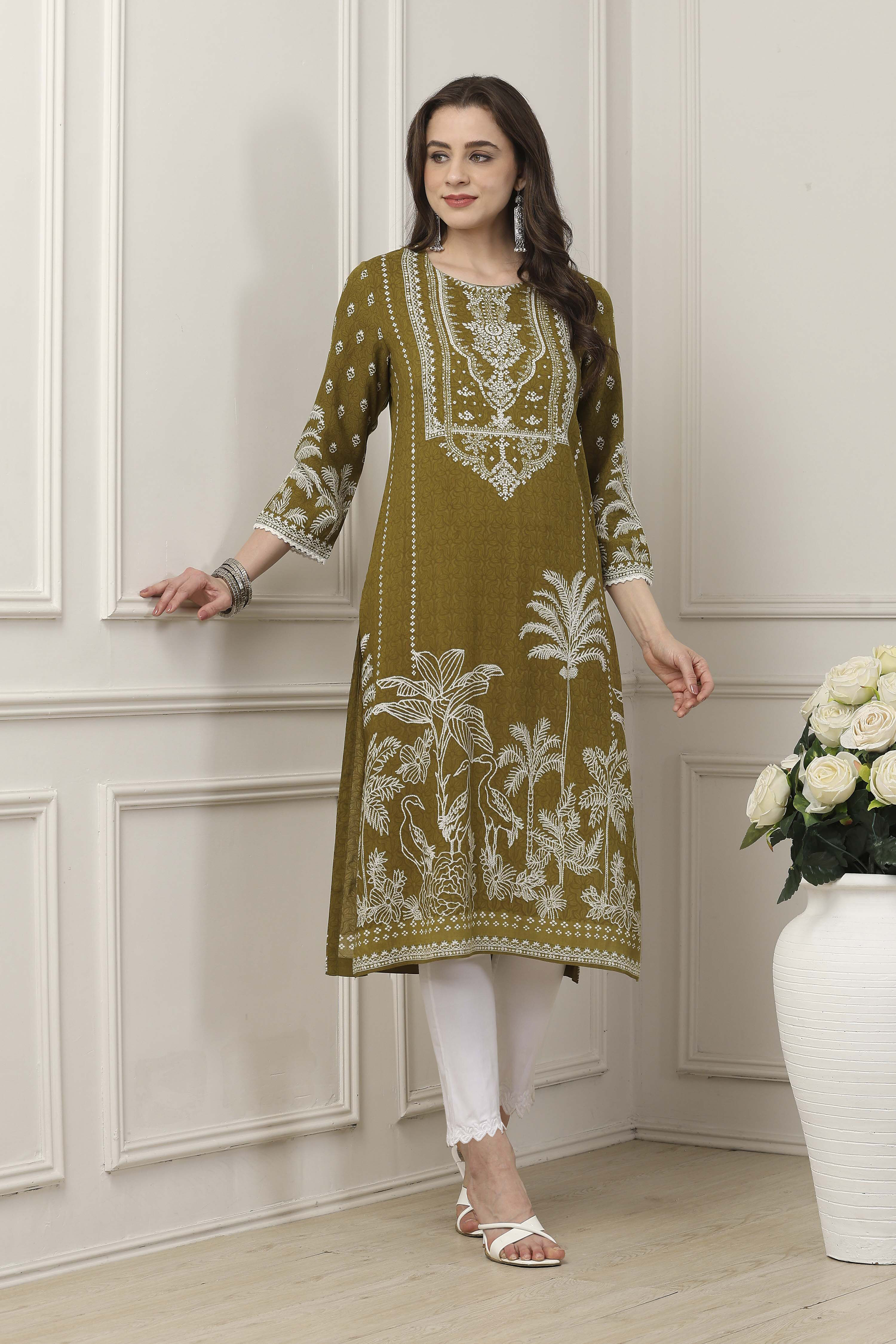 Olive-Green Viscose Ethnic Motifs Printed Straight Kurta image number 0