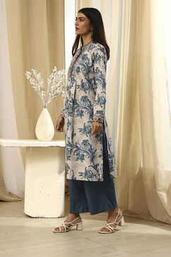 Beige and Teal Pure Cotton Straight Kurta Set image number 3