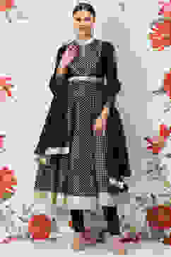 Rohit Bal Black Cotton Silk Anarkali Yarndyed Suit Set image number 7