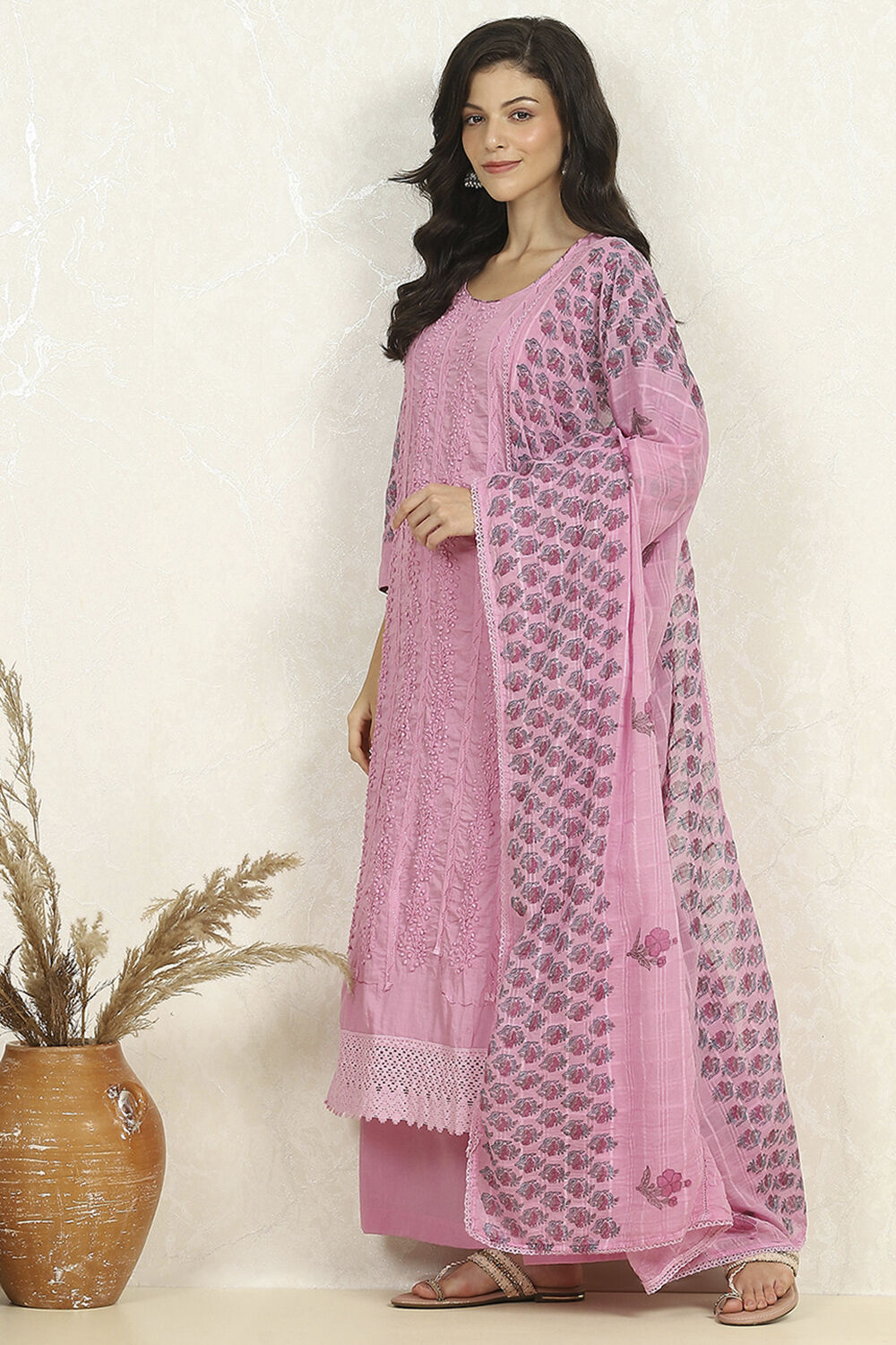 Purple Cotton Hand-Block Printed Unstitched Suit Set image number 1
