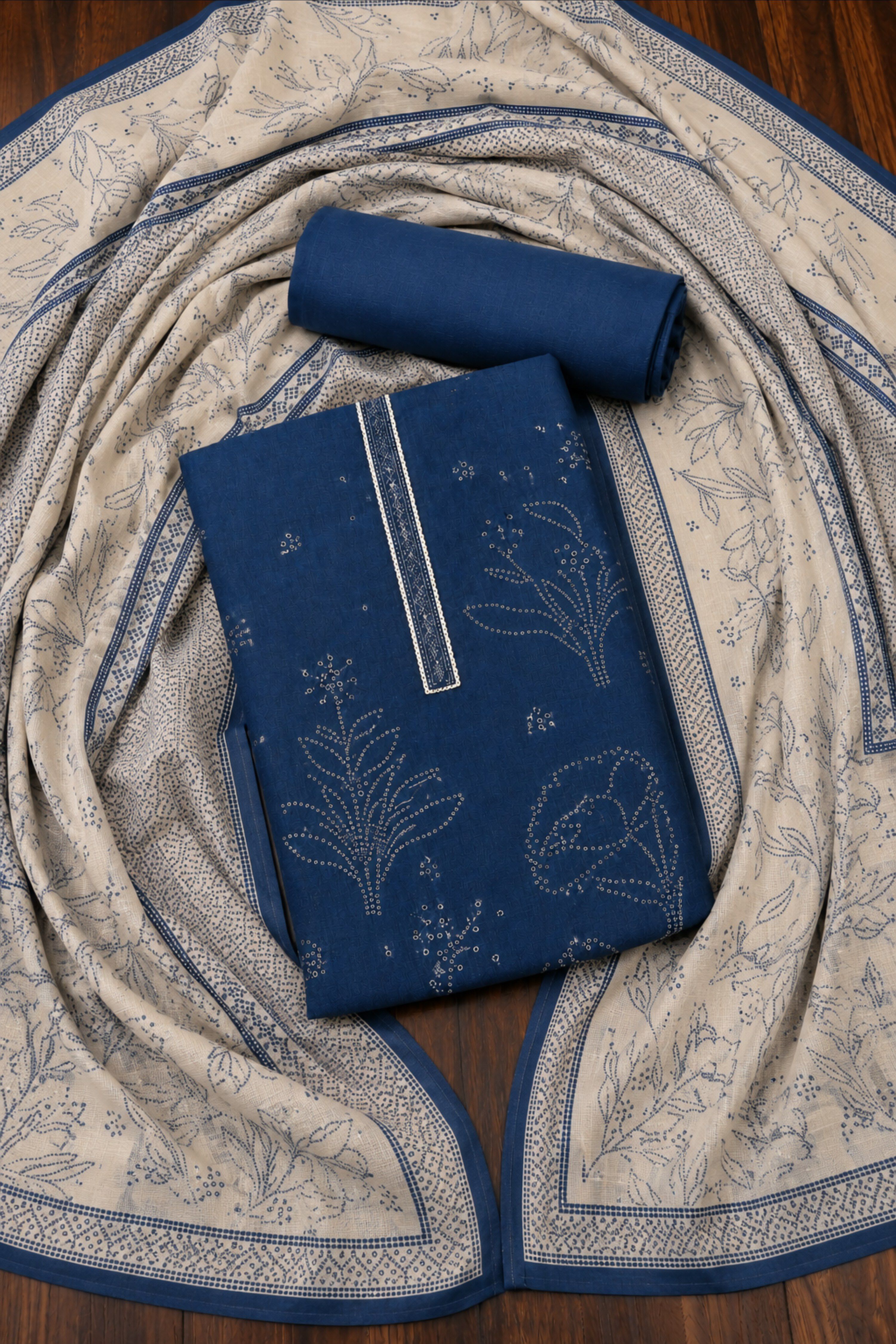 Blue Linen Modern Print With Work Unstitched Suit Set image number 1