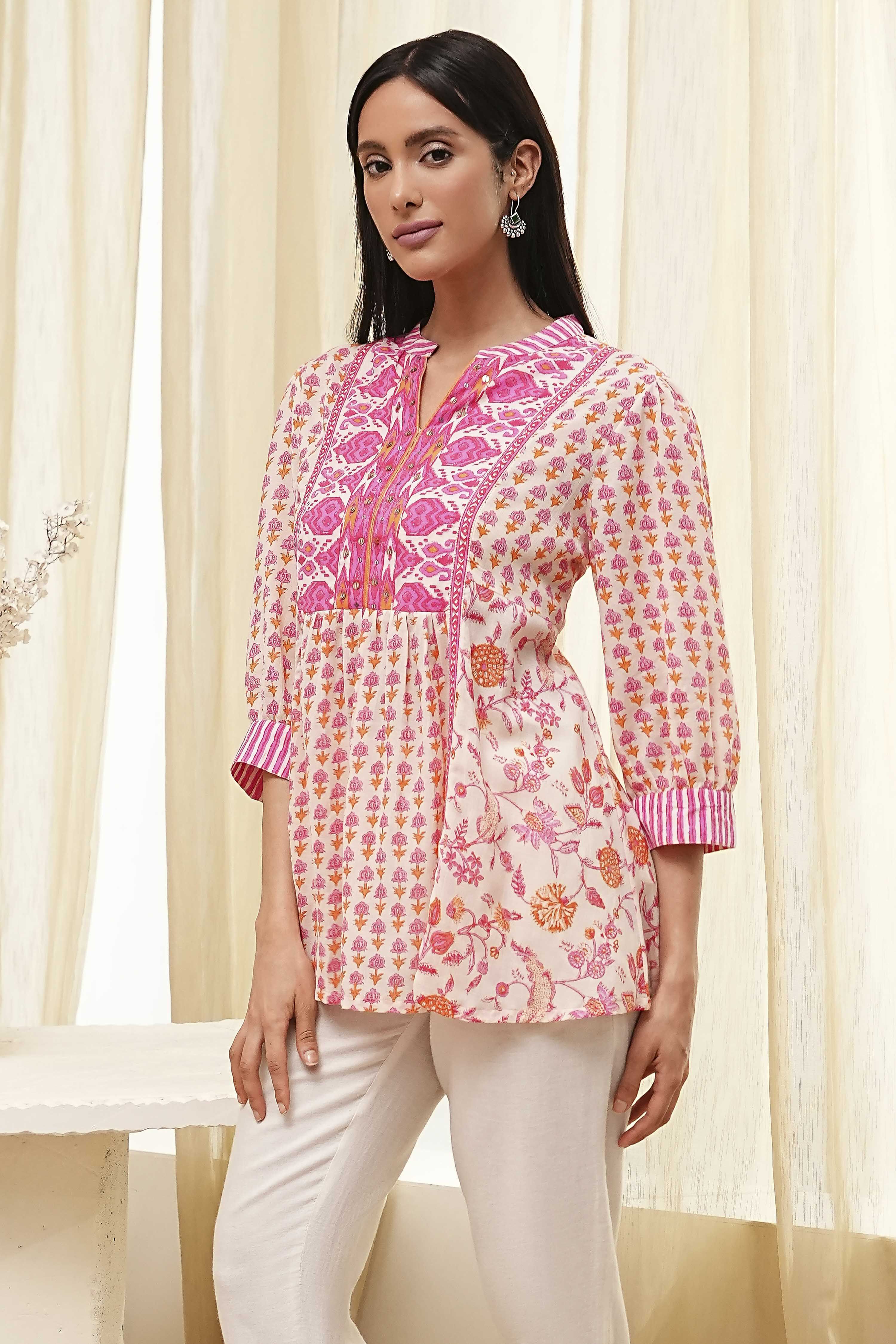 Pink Cotton Printed A-line Short Kurta image number 2
