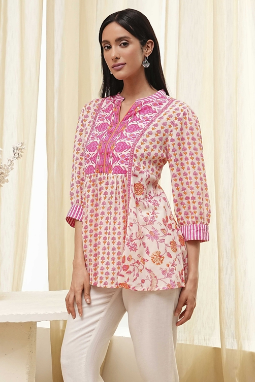 Pink Cotton Printed A-line Short Kurta image number 2