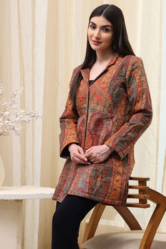 Burnt Orange Rayon Straight Printed Jacket image number 6