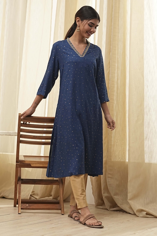 Blue Foil Printed Straight Kurta image number 0