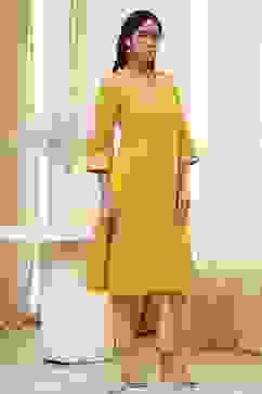 Ochre Yellow Cotton Solid Straight Kurta image number 4