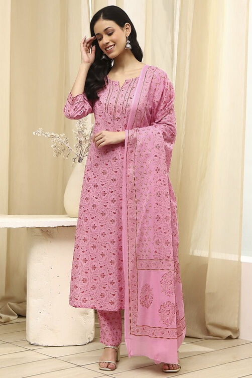 Pink Cotton Screen Print Unstitched Suit Set image number 7