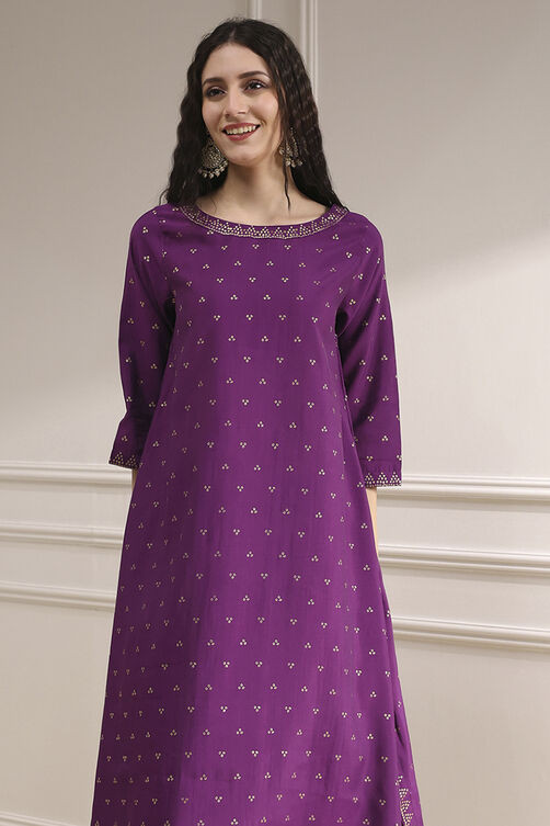 Purple Polyseter Blend Straight Printed Fusion Set image number 1