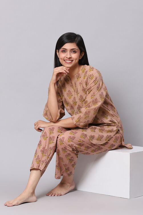 Dusky Peach Straight Cotton Three Piece Printed Sleepwear Set image number 3