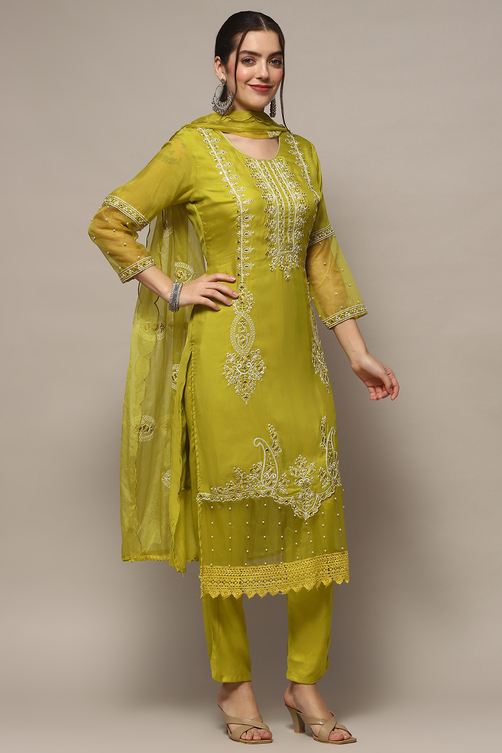 Lime Organza Unstitched Suit set image number 7