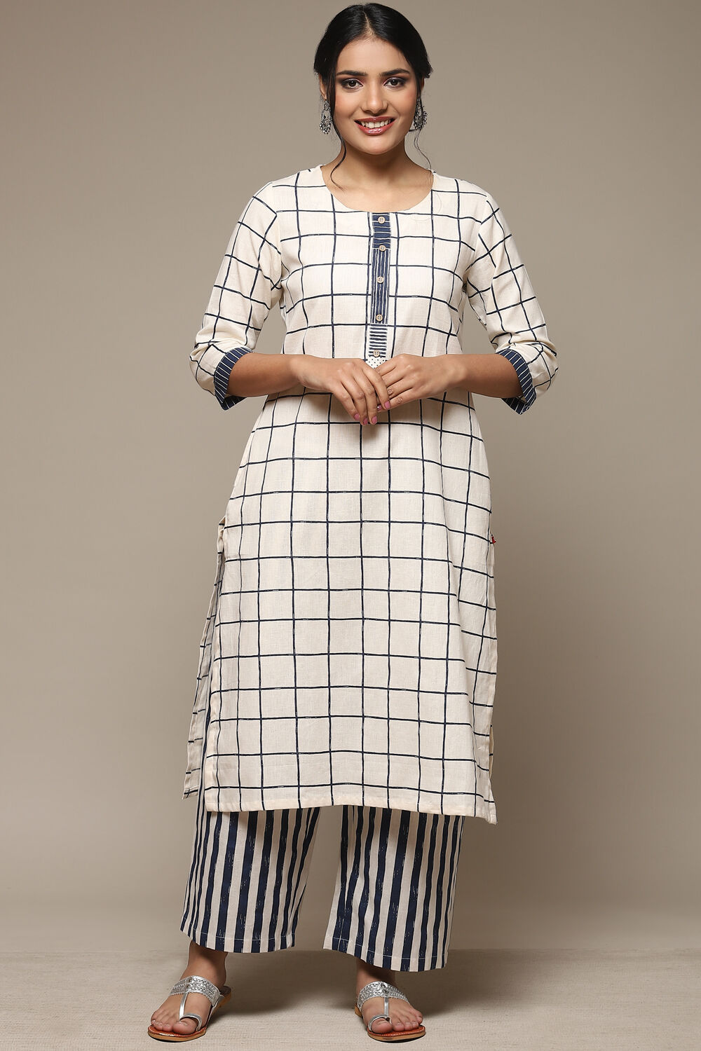 Natural & Blue Cotton Blend Straight Kurta Palazzo Suit Set image number 6