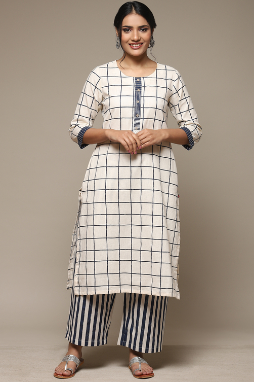 Natural & Blue Cotton Blend Straight Kurta Palazzo Suit Set image number 6