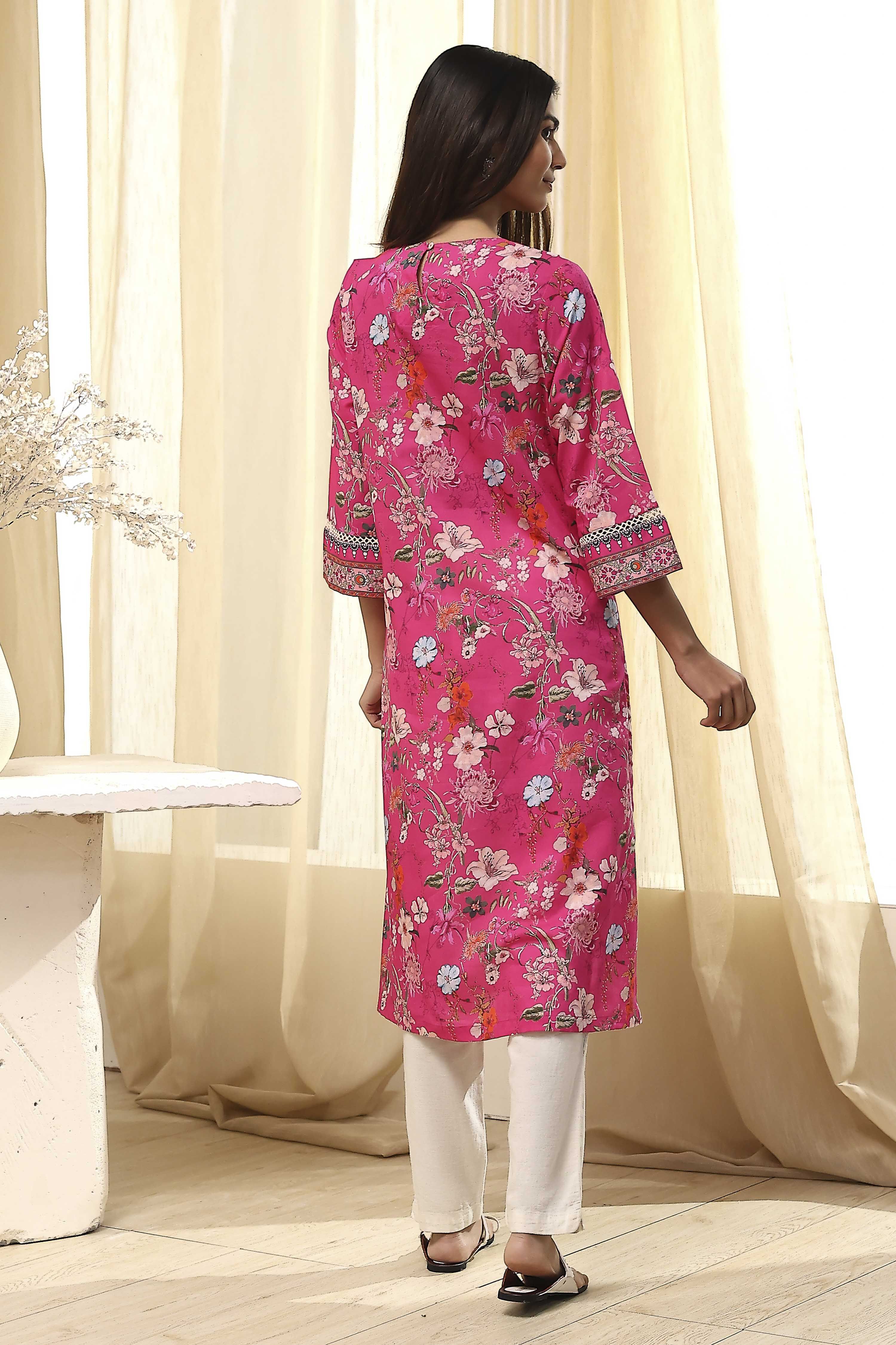 Pink Pure Cotton Floral Straight Kurta image number 3