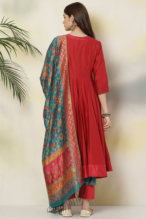 Magenta Cotton Silk Anarkali Kurta Churidar Suit Set image number 7