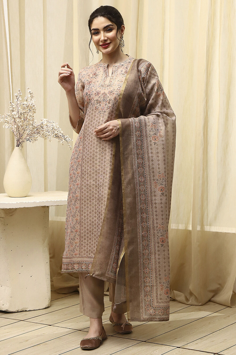 Lavender Chanderi Printed Unstitched Suit Set image number 7