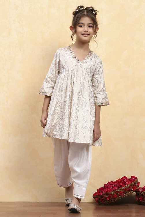 White Viscose Rayon Printed Anarkali Kurta Pants Set