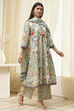 Sage Green Pure Cotton Floral Kalidar Suit Set image number 5