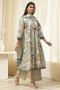 Sage Green Pure Cotton Floral Kalidar Suit Set image number 5