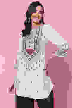 Ecru LIVA Asymmetric Printed Short Kurti image number 0