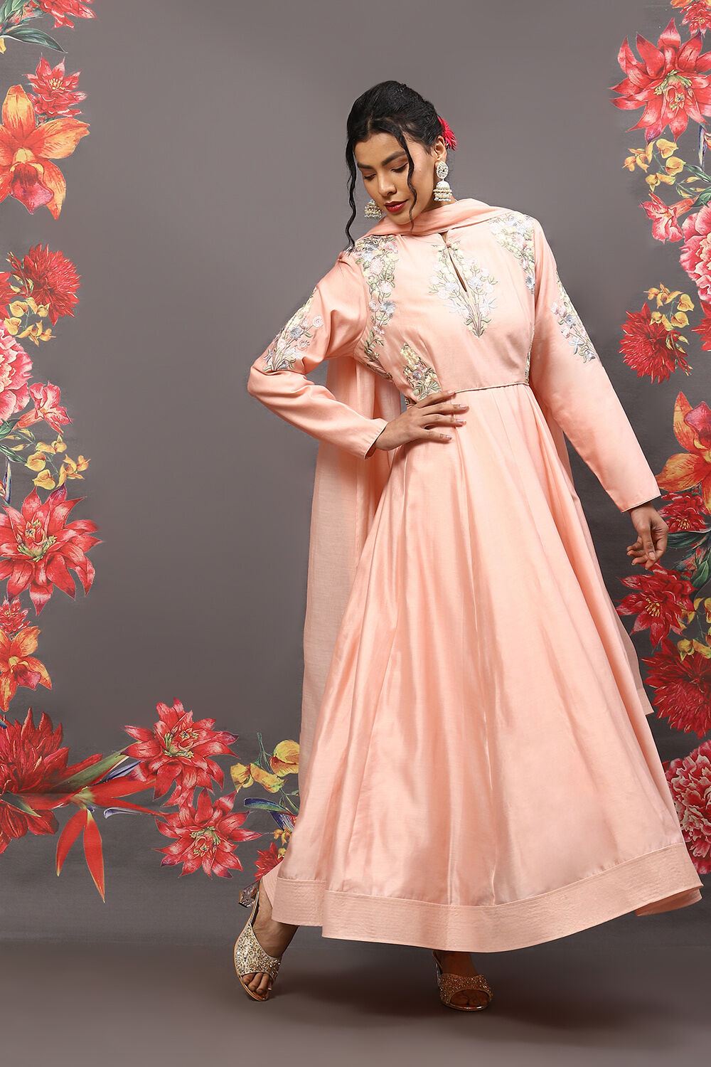 Peach Cotton Blend Anarkali Kurta Suit Set image number 6