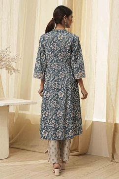 Indigo Cotton Printed Gathered Suit Set image number 4