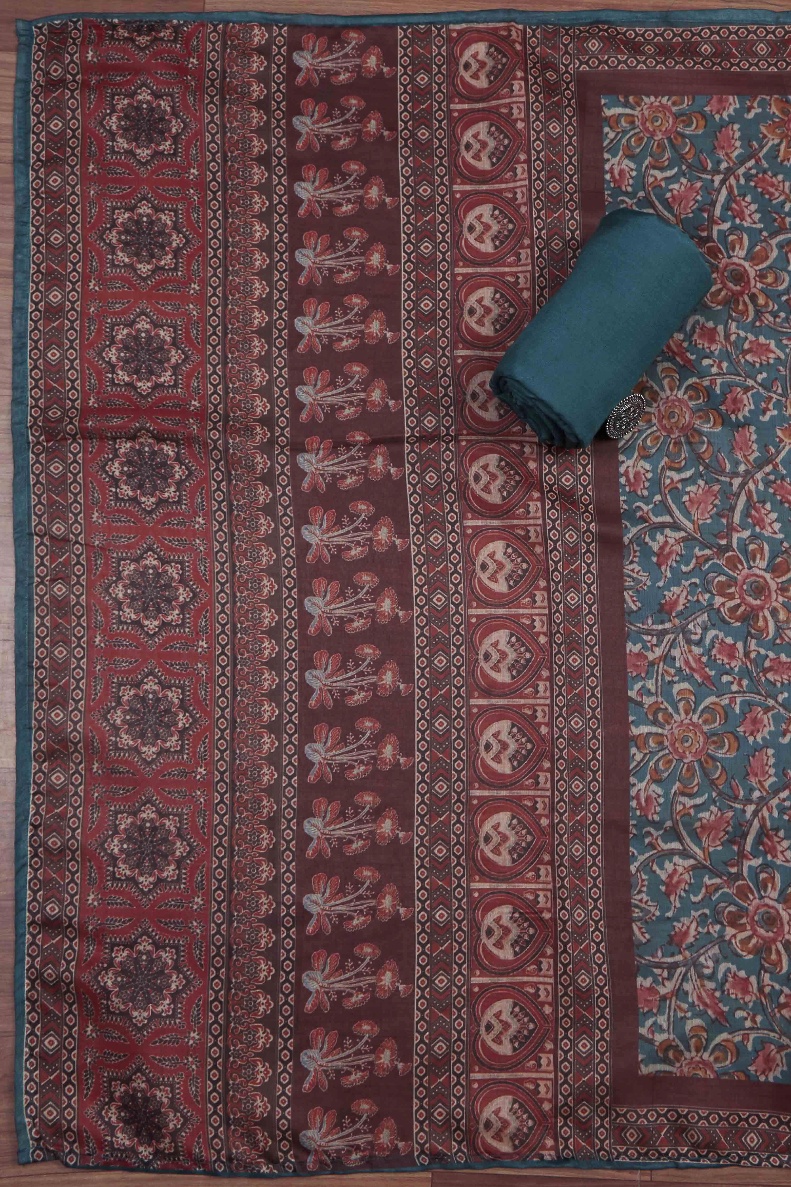 Teal Blue Chanderi Rajasthani Print Unstitched Suit Set image number 3