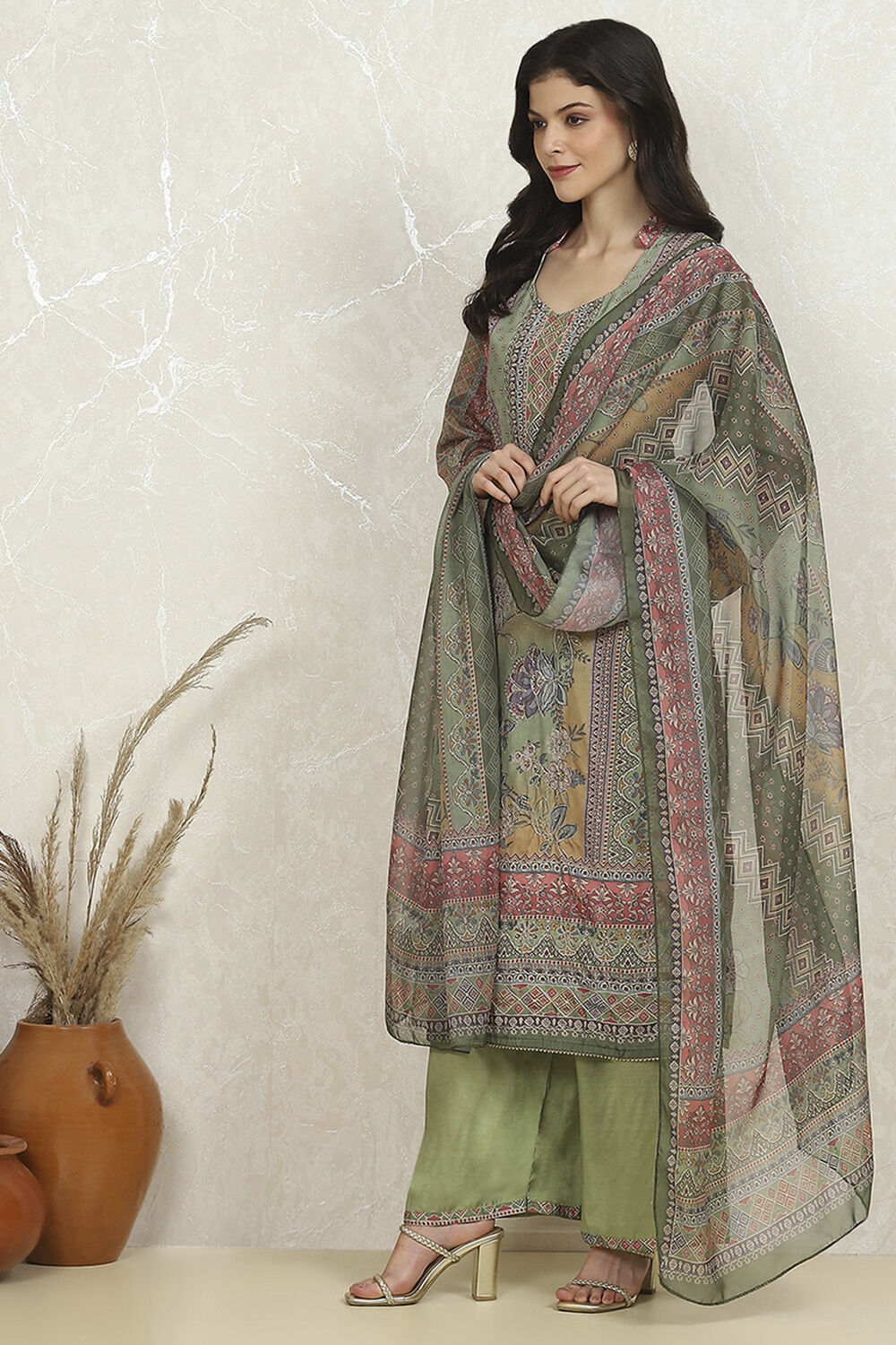 Green Crepe Printed Unstitched Suit Set image number 4