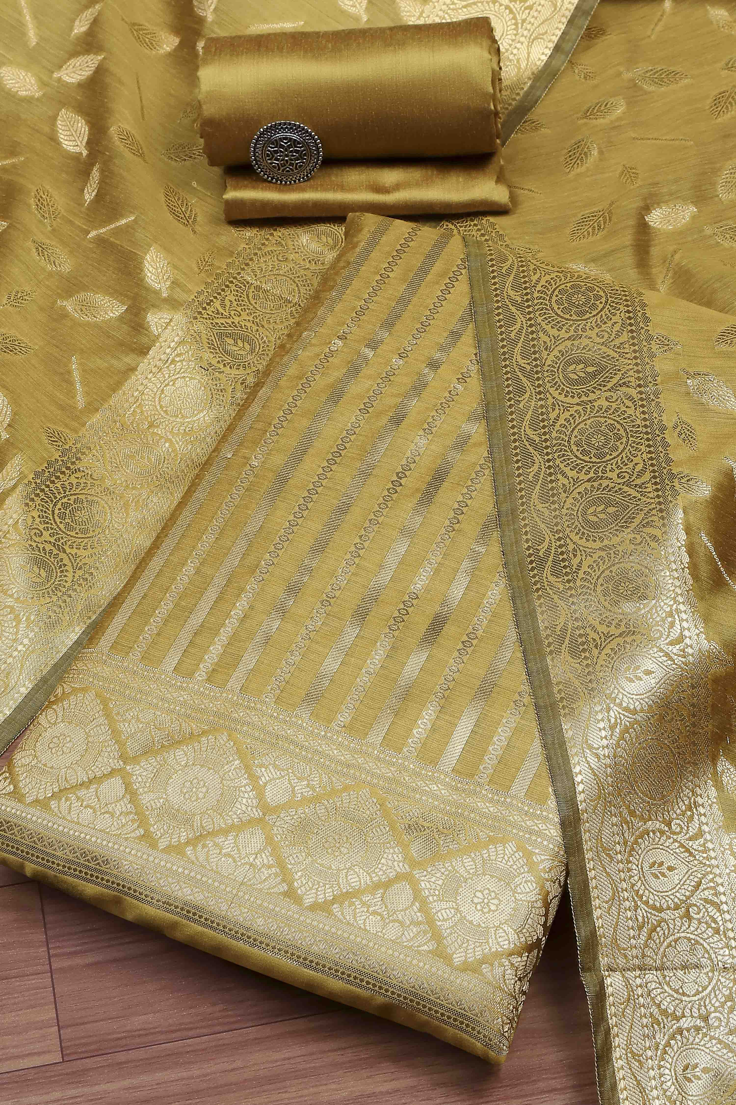 Mustard Banarasi Chanderi Banarasi Print Unstitched Suit Set image number 0