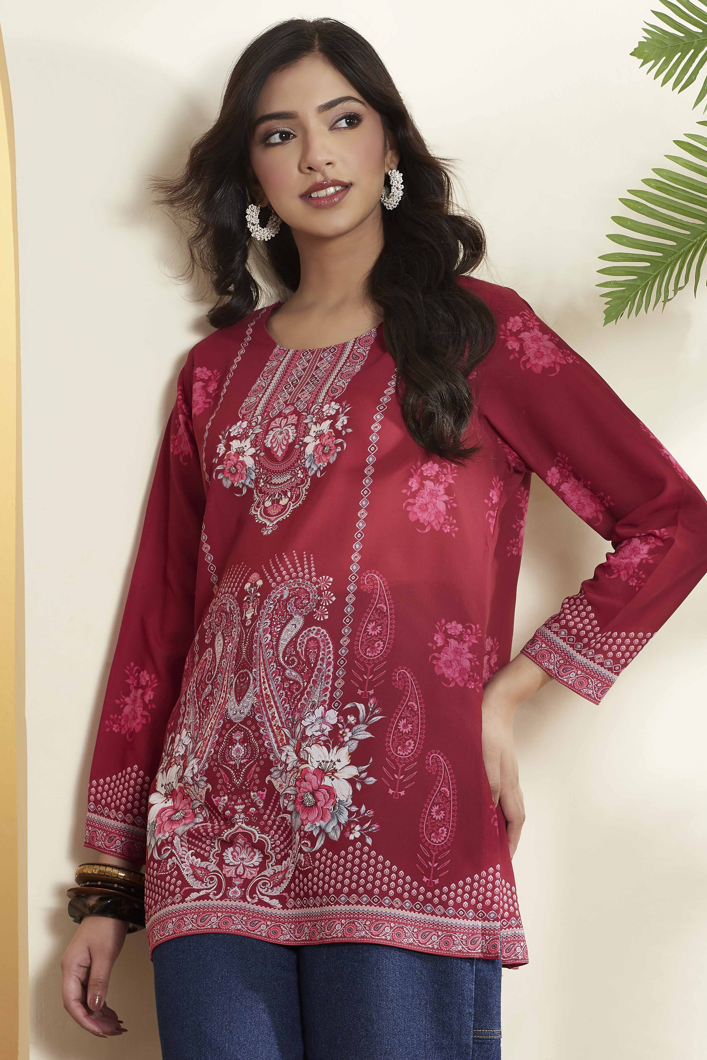 Magenta Floral Printed Straight Short Kurti image number 1