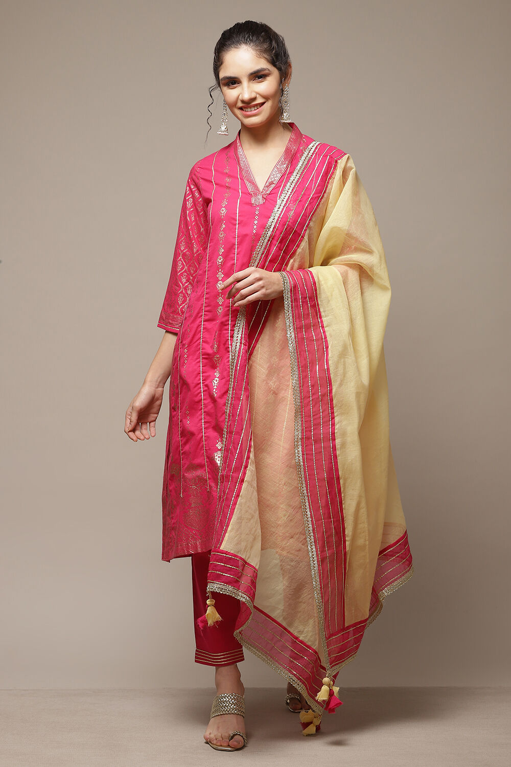 Fuchsia Cotton Straight Kurta Pants Suit Set image number 1