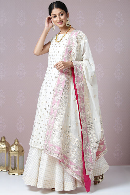Off White Poly Metallic Cotton Straight Kurta Skirt Suit Set image number 7