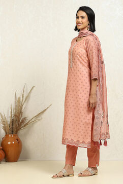 Peach-Toned Chanderi Floral Printed Unstitched Suit Set image number 4